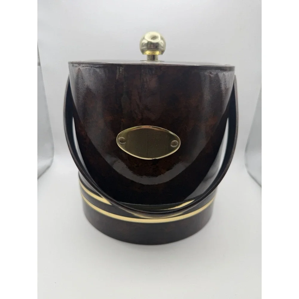 Vintage Faux Burl Wood Ice Bucket Brass Tone MCM Barware Vinyl Woodgrain